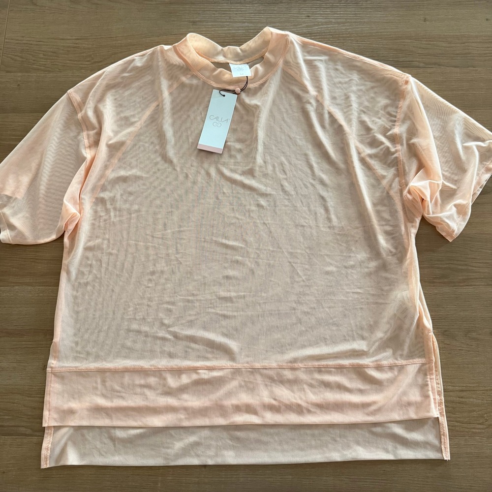CALIA Womens Oversized Mesh Sheer Tee Peach Sherbet Medium NWT